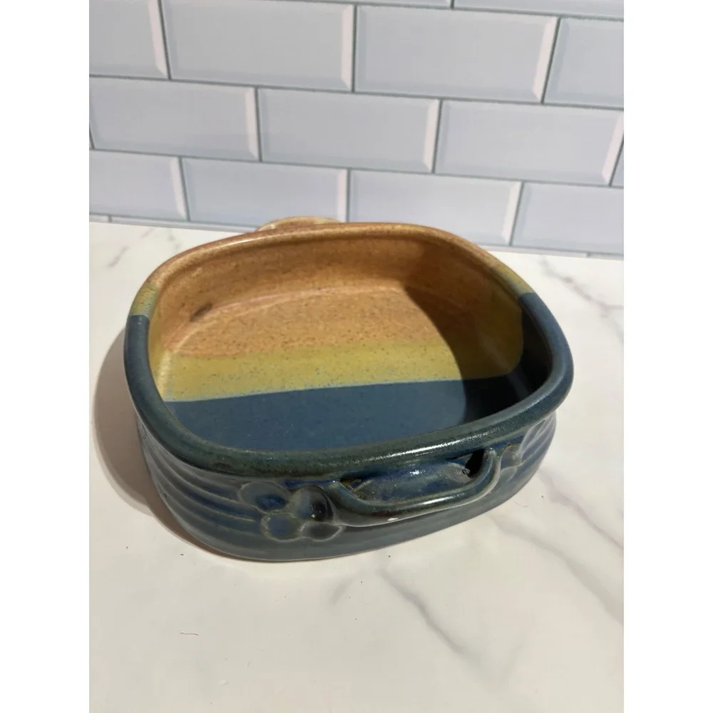 Studio Pottery Handcrafted Square Casserole Dish Blue Yellow Glazed Stoneware